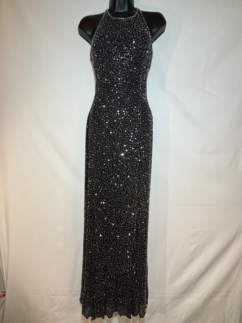 Scala Black Sequin Halter Backless Formal Full-Length Gown